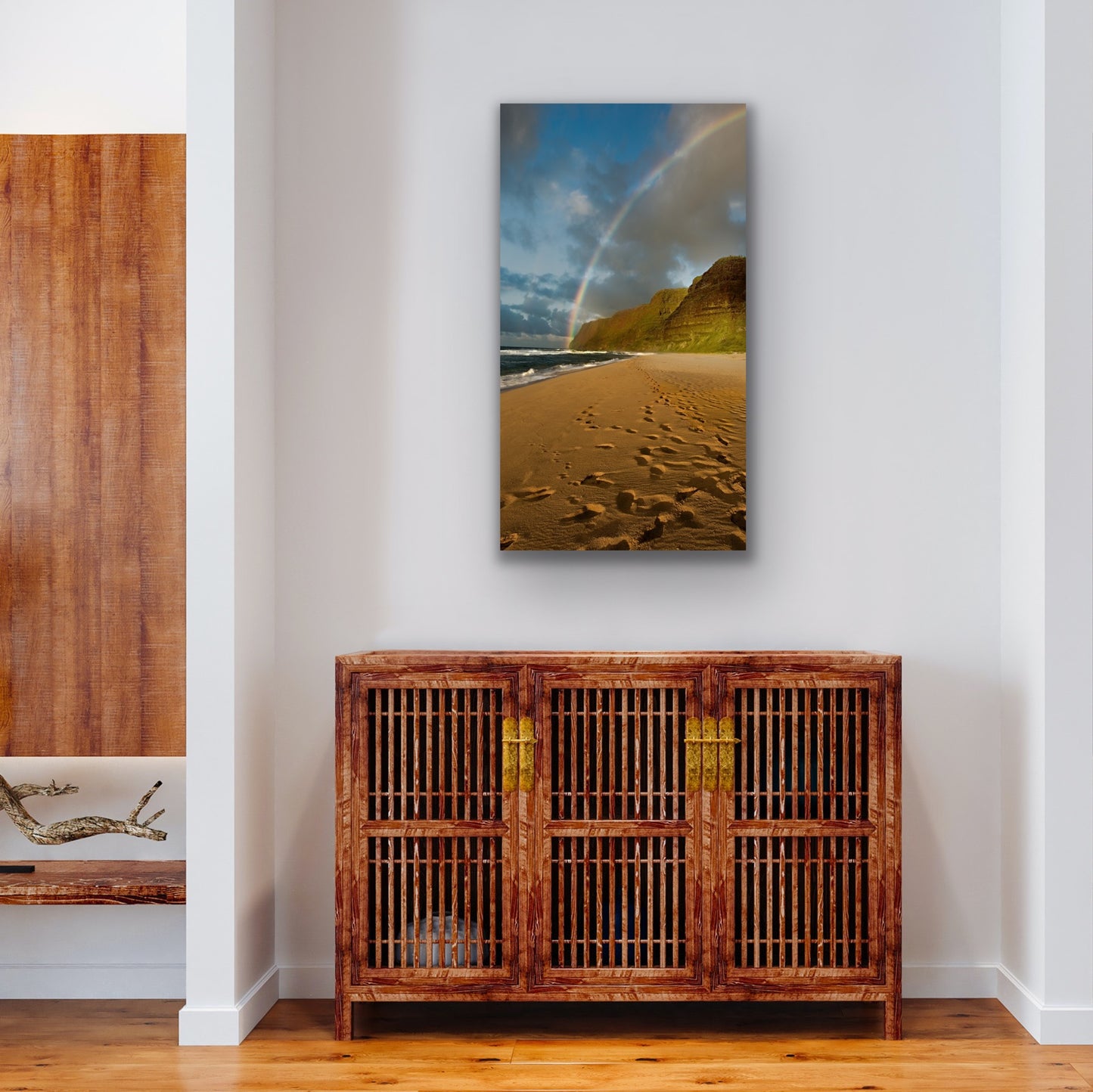 Wall demo of fine art photograph Polihale Rainbow, taken by Kauai outdoor and landscape photographers Inspiring Images Hawaii.
