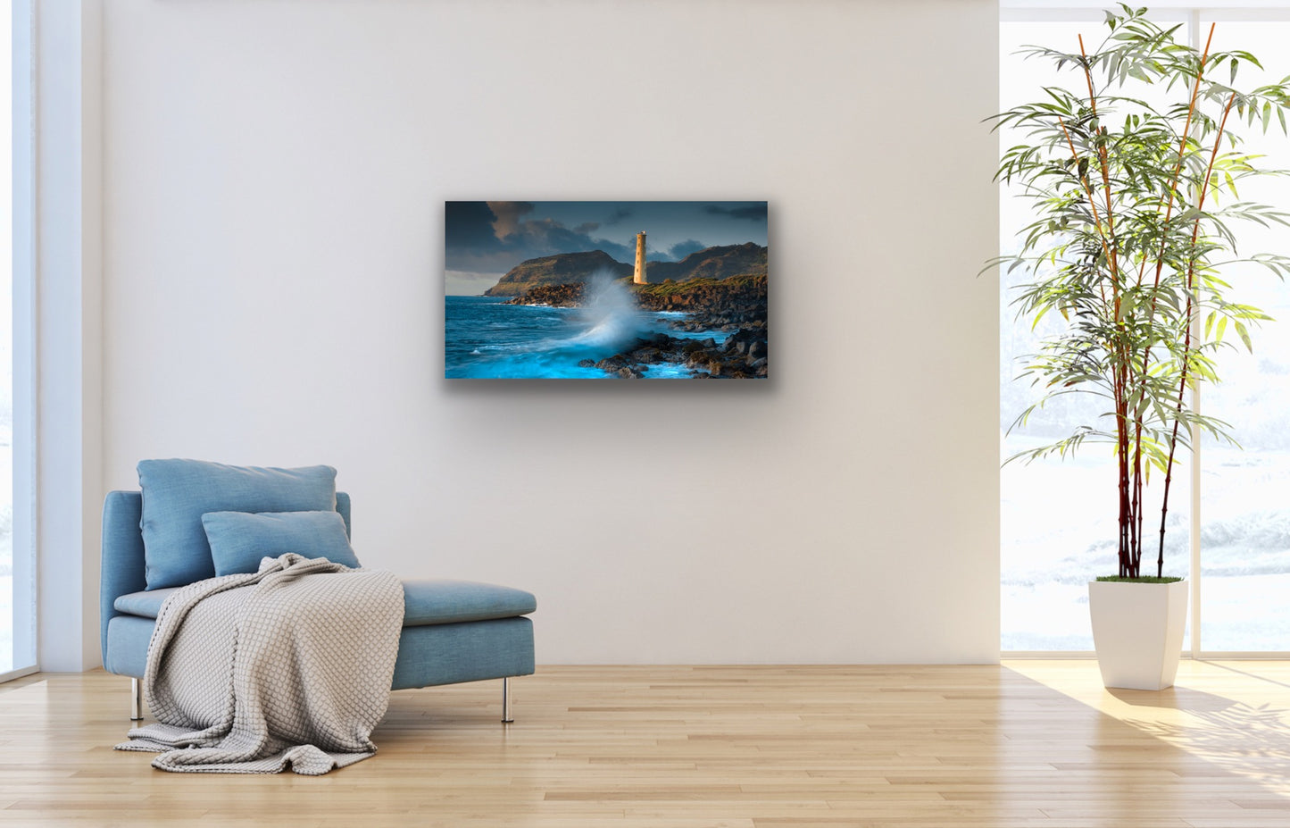 A wall demo of Lighthouse Wave, an outdoor landscape fine art photograph by Inspiring Images Hawaii.