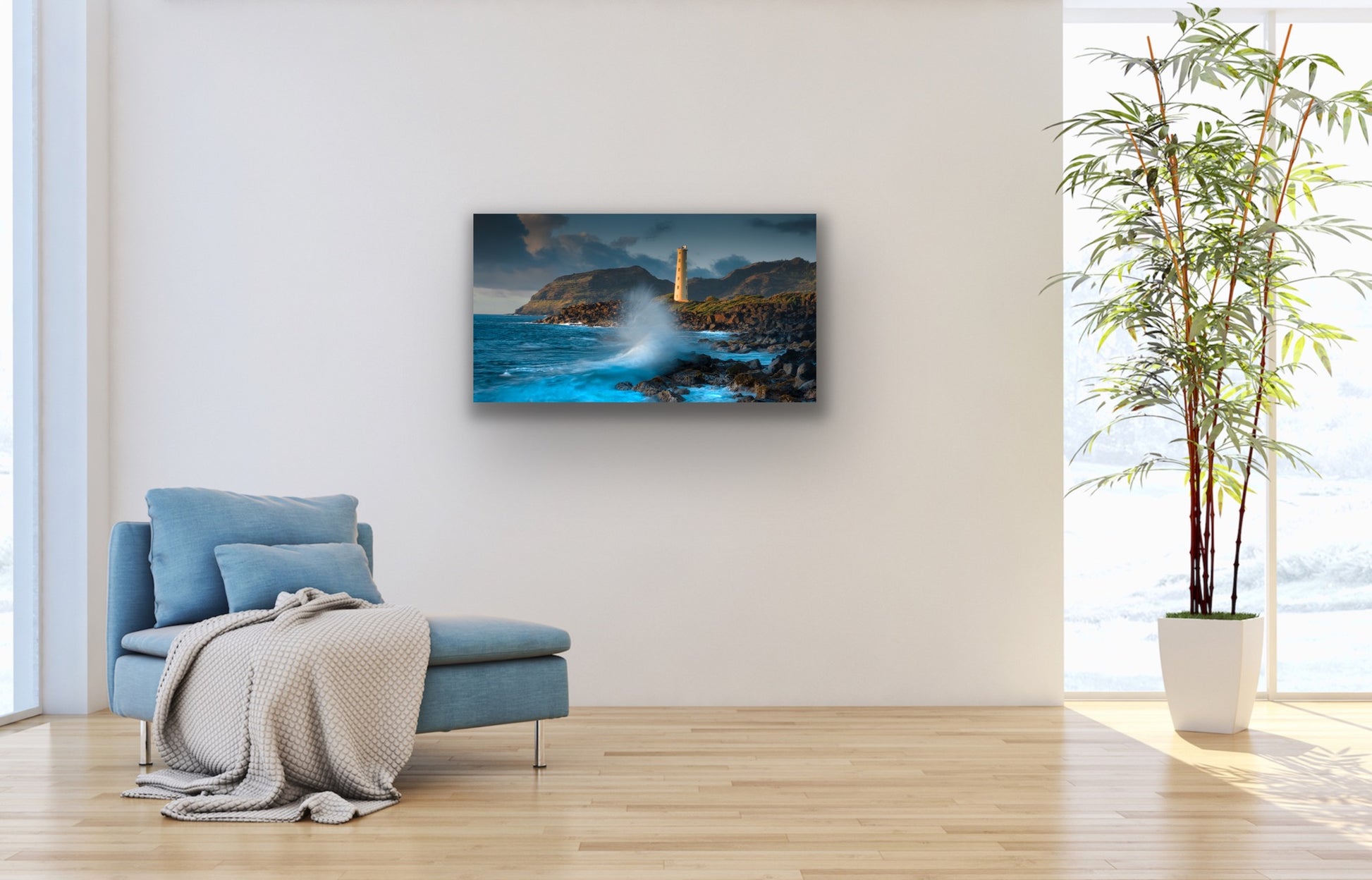 A wall demo of Lighthouse Wave, an outdoor landscape fine art photograph by Inspiring Images Hawaii.