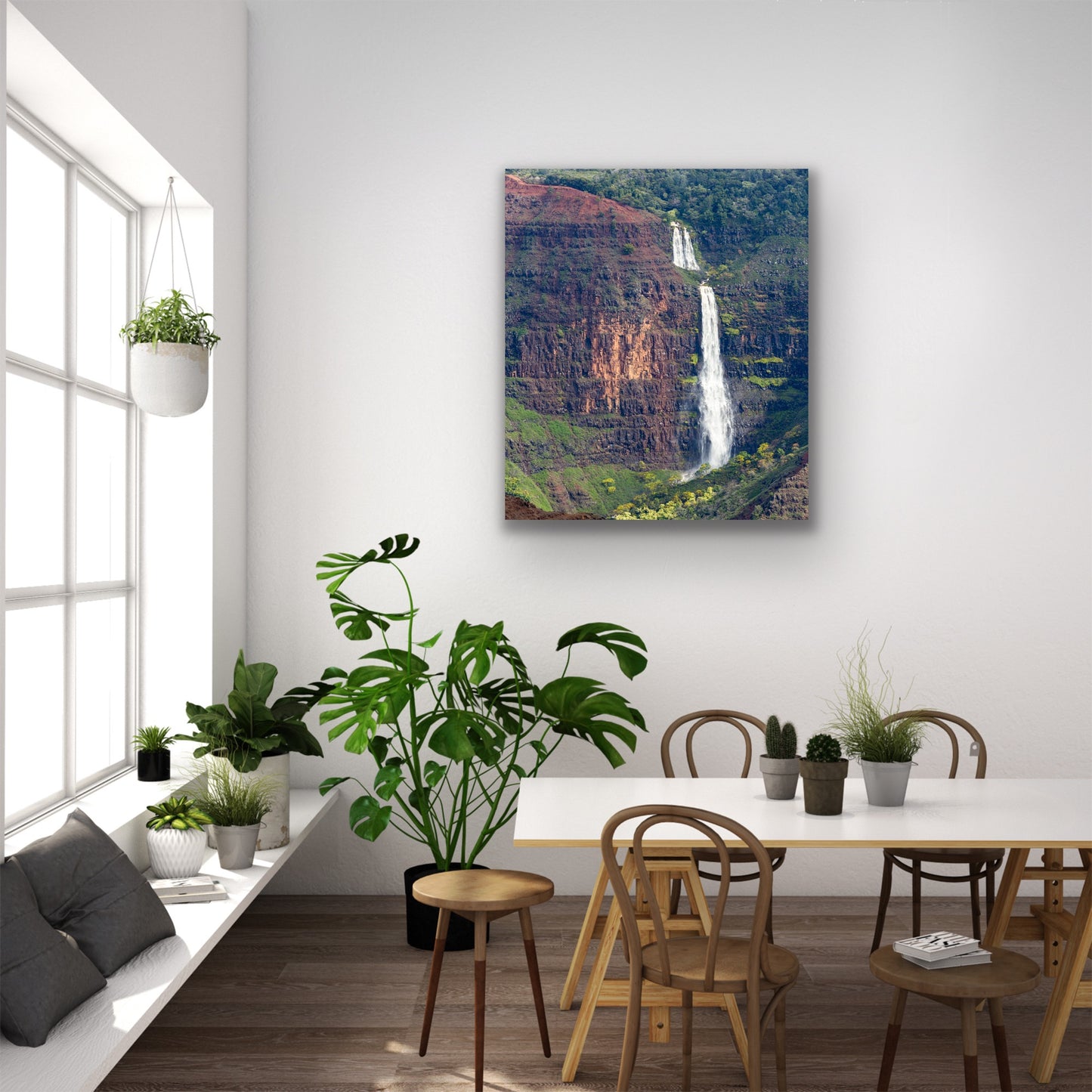 Wall demo of Waipo’o Falls, a fine art landscape photograph by Kauai outdoor and nature photographers Inspiring Images Hawaii.