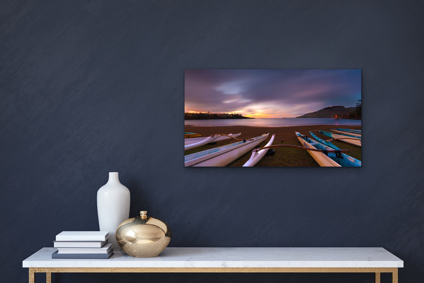Wall demo of Kalapaki Canoes, a fine art landscape photograph by Inspiring Images Hawaii.