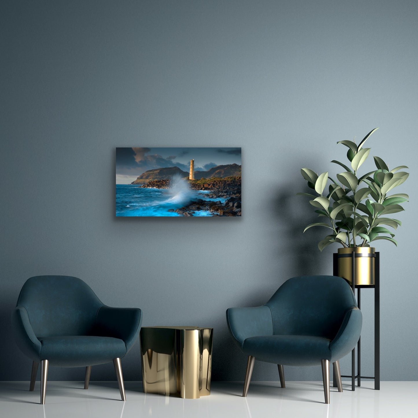 Wall demo of Lighthouse Wave, a fine art photograph by Kauai outdoor and landscape photographer Inspiring Images Hawaii.