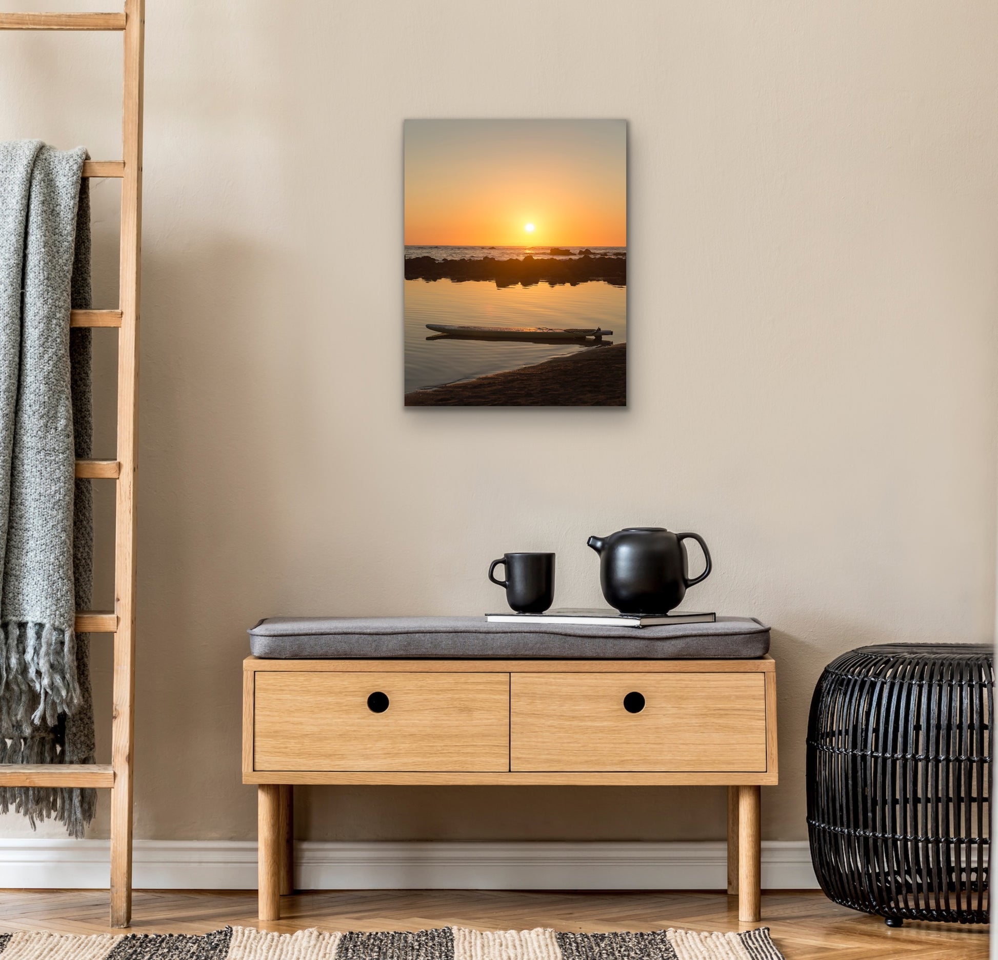 Wall demo of Sunset Surfboard, a fine art photograph by Kauai landscape and outdoor photographers Inspiring Images Hawaii.