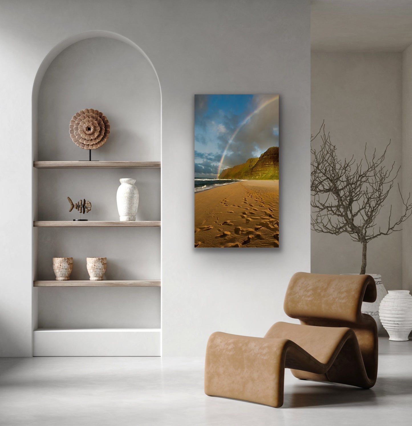 Wall demo of Polihale Rainbow, a fine art photograph by Kauai outdoor and landscape photographers Inspiring Images Hawaii.