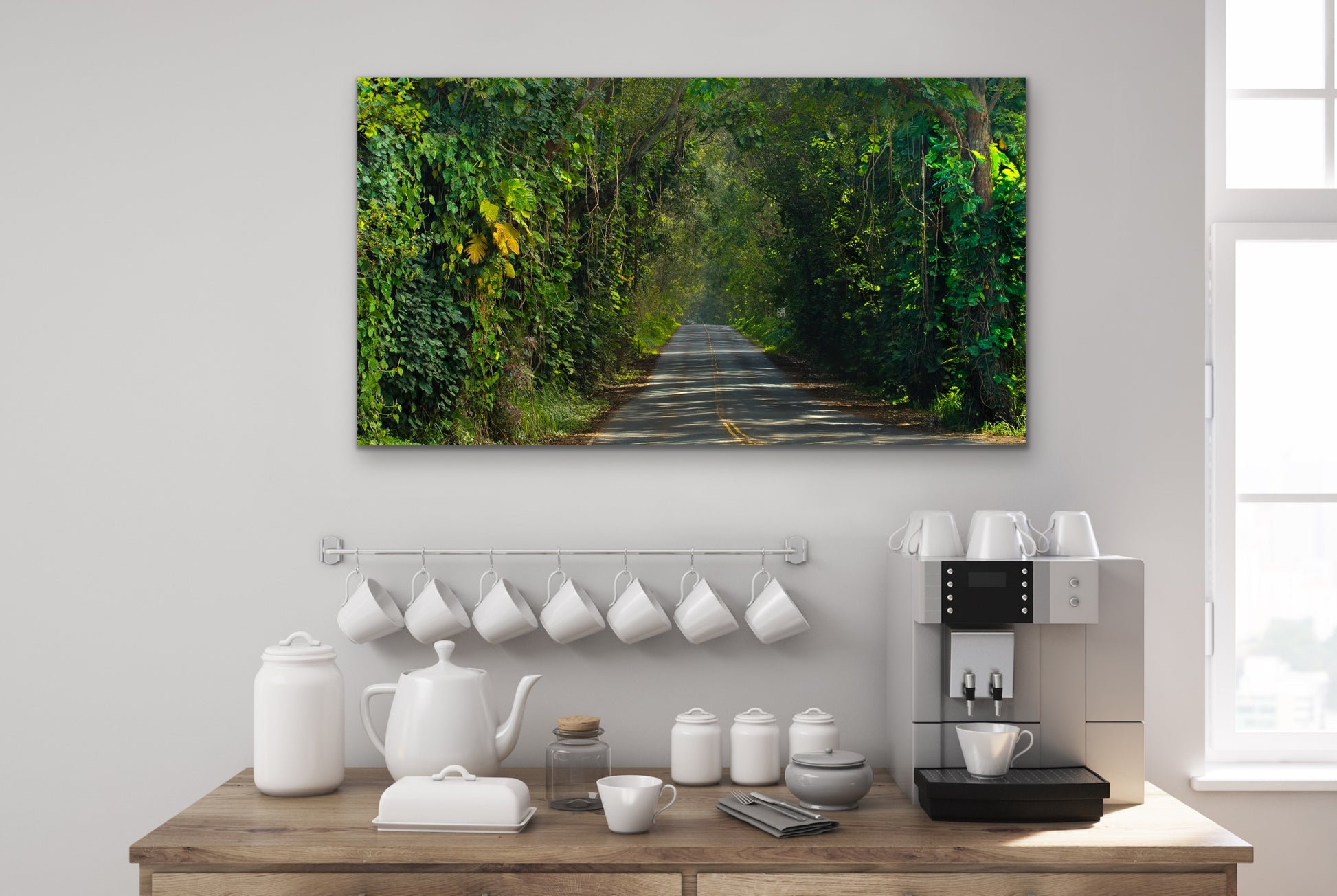 Wall demo of Tunnel of Trees Cathedral, a fine art landscape photograph by Kauai outdoor and nature photographers Inspiring Images Hawaii.