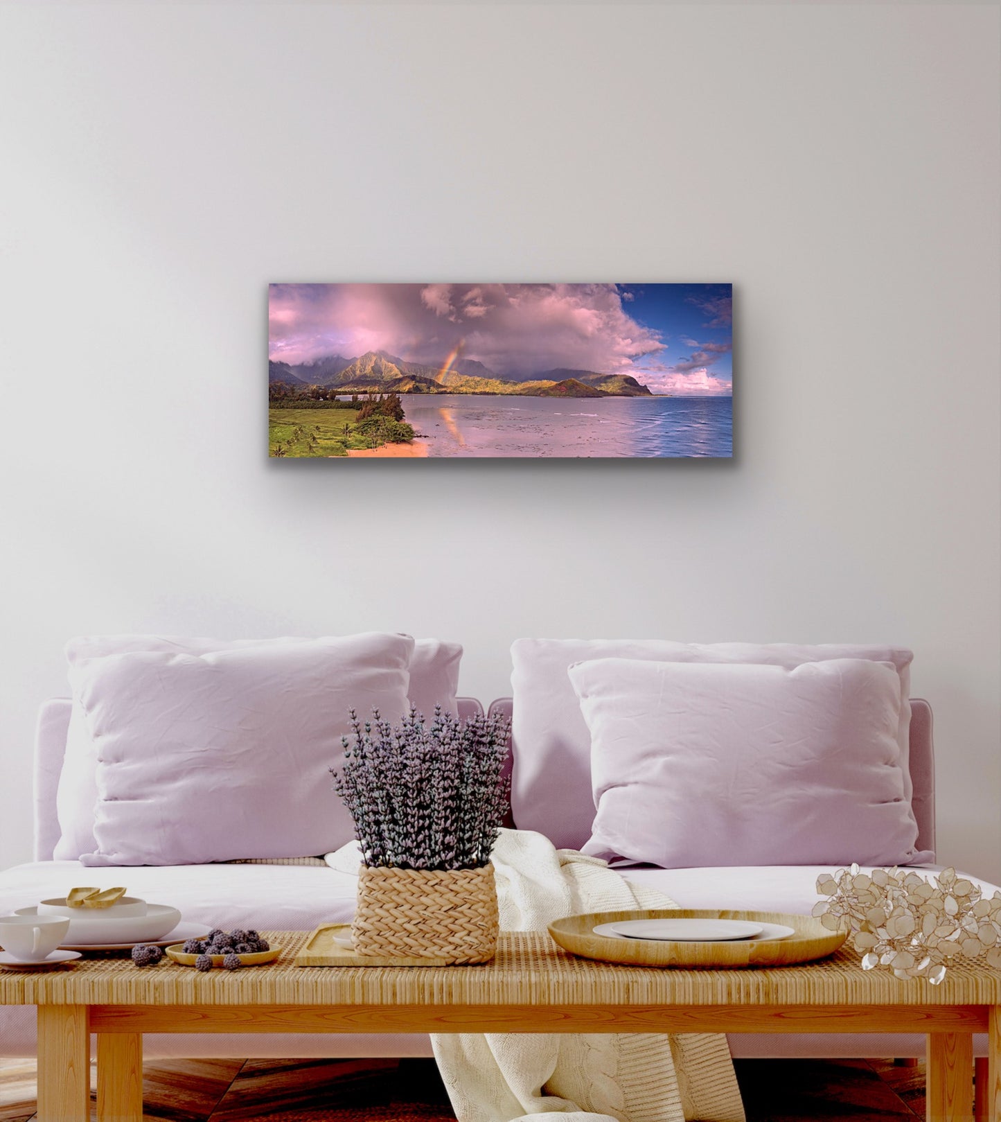 Wall demo of Hanalei Bay Rainbow, fine art landscape image by Inspiring Images Hawaii.