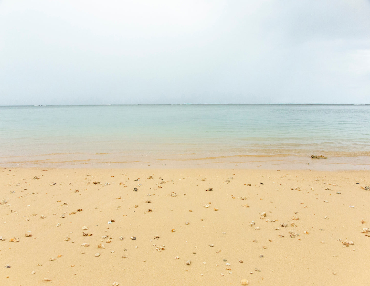 Fine art landscape photo of the scenic Anini Beach on Kauai by Inspiring Images Hawaii. Shells and coral line the beach with calm blue water and a dark post storm cloudy sky.