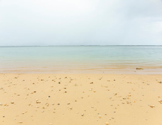 Fine art landscape photo of the scenic Anini Beach on Kauai by Inspiring Images Hawaii. Shells and coral line the beach with calm blue water and a dark post storm cloudy sky.