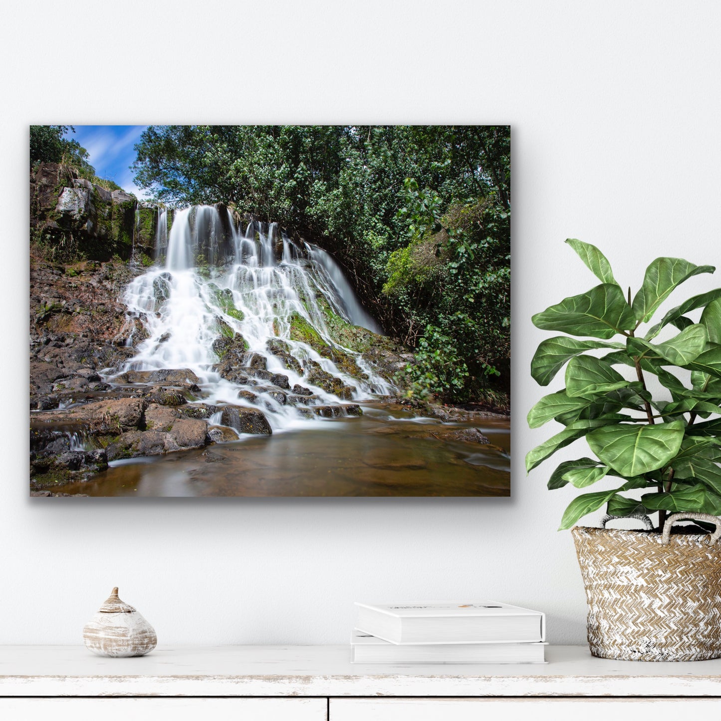 Wall demo of Hoopii Falls, a fine art landscape photograph by Inspiring Images Hawaii.