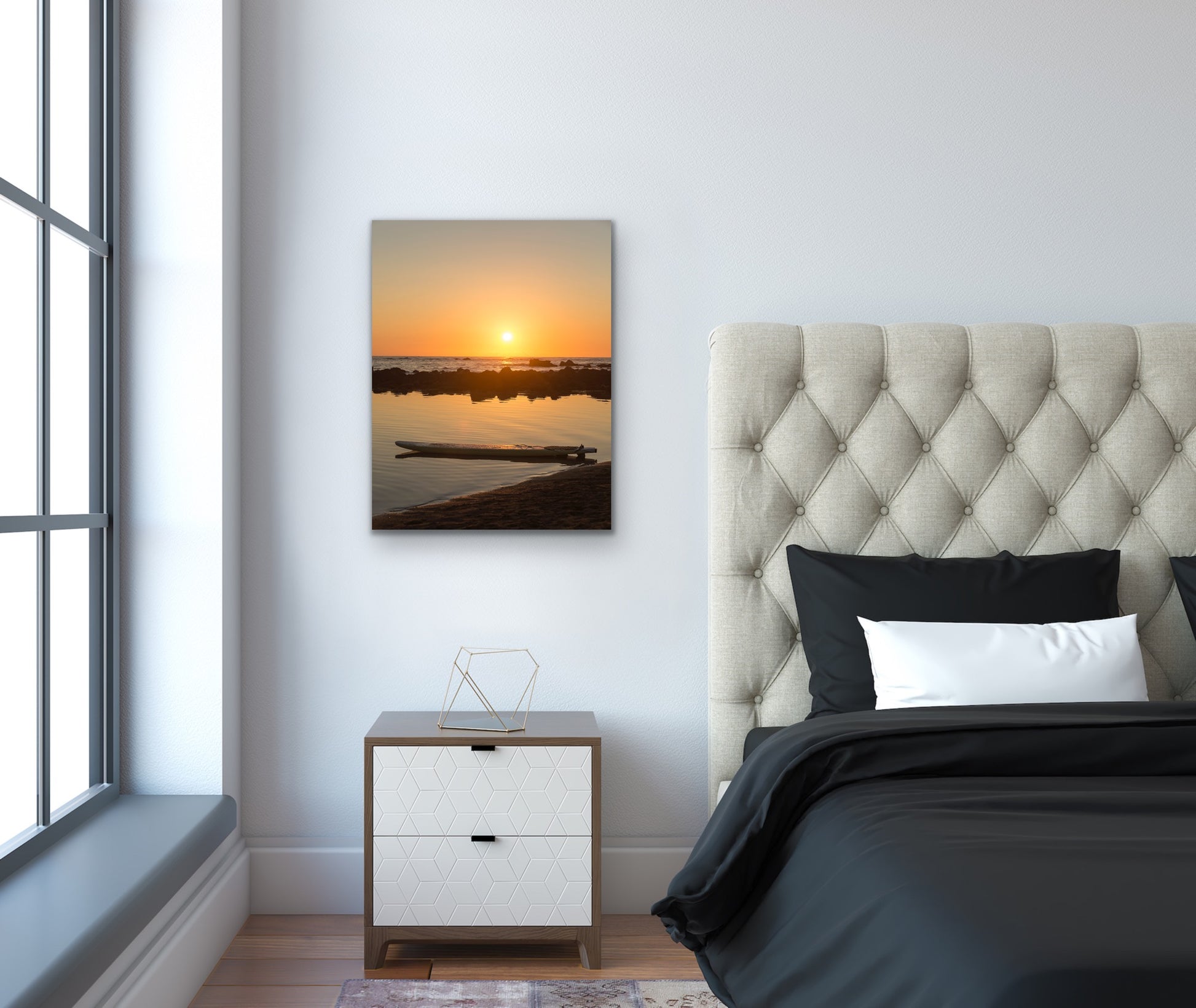Wall demo of Sunset Surfboard, a fine art photograph by Kauai landscape and outdoor photographers Inspiring Images Hawaii.