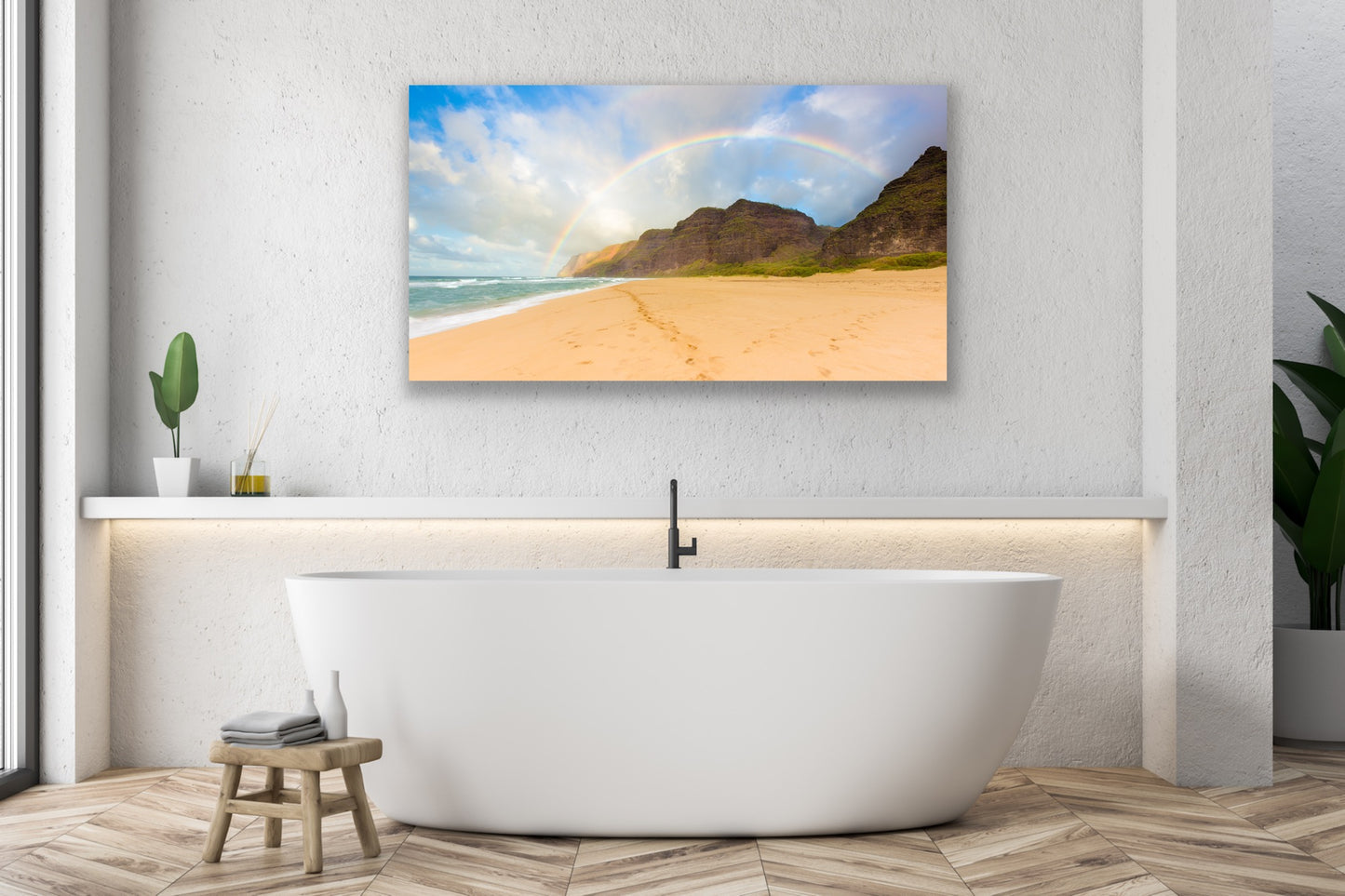 Wall demo of Napali Rainbow, a fine art photograph by Kauai landscape photographers Inspiring Images Hawaii.
