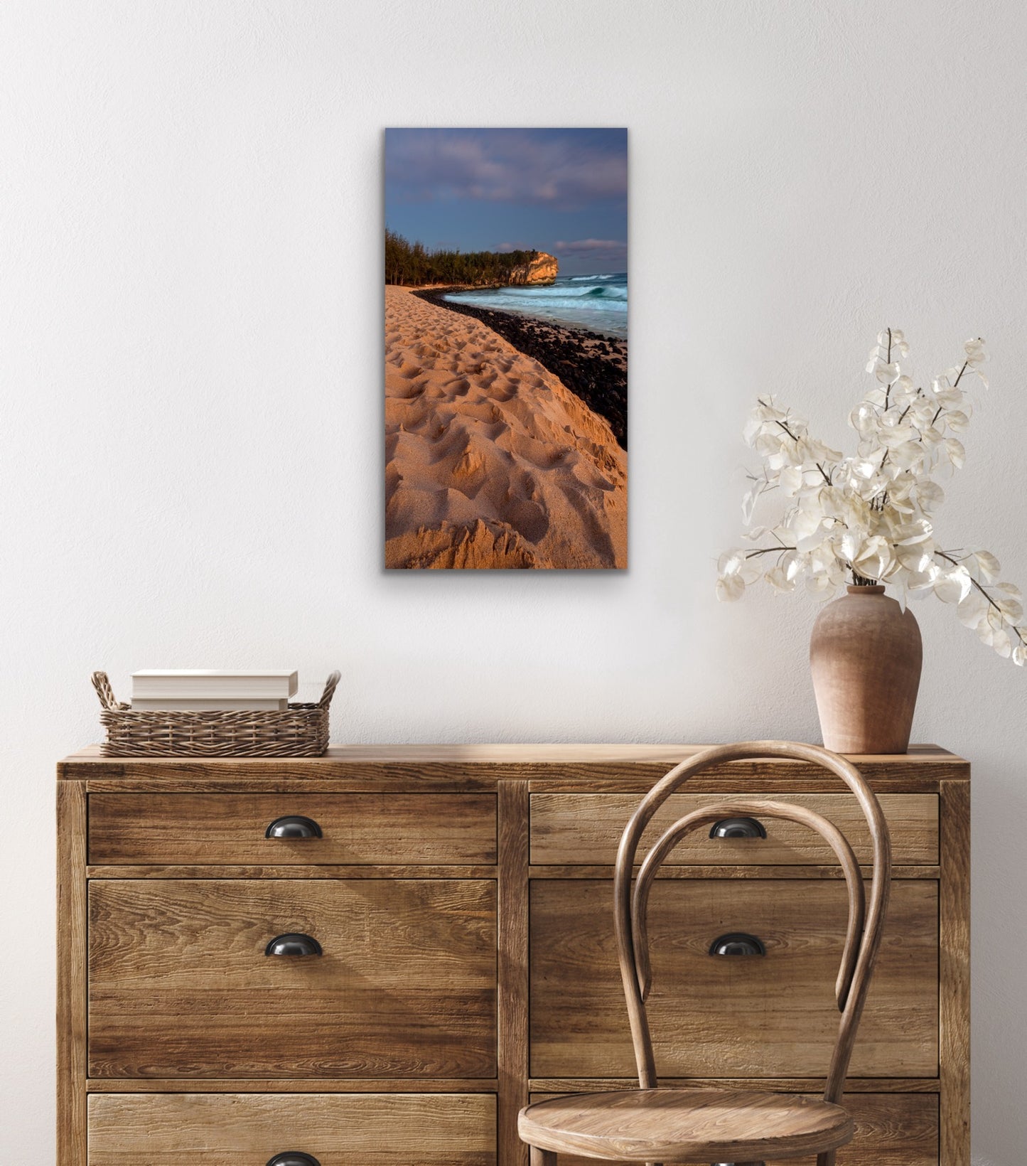 Wall demo of Shipwrecks Sunset, a fine art photograph by Kauai outdoor and landscape photographers Inspiring Images Hawaii.