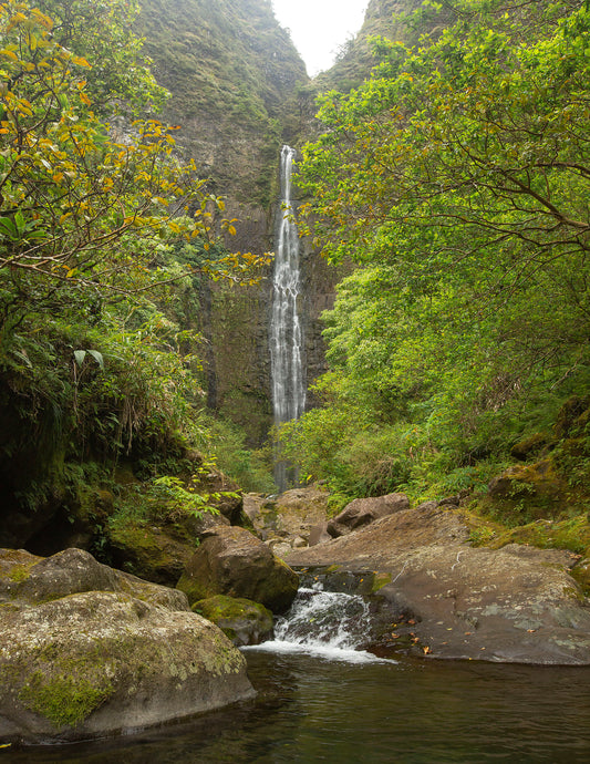 Fine art photograph of Kauai’s Hanakapi’ai Falls. A pool beneath the falls is framed by lush trees and greenery, with the 300 foot tall waterfall in the distance’. Landscape photography by Inspiring Images Hawaii.