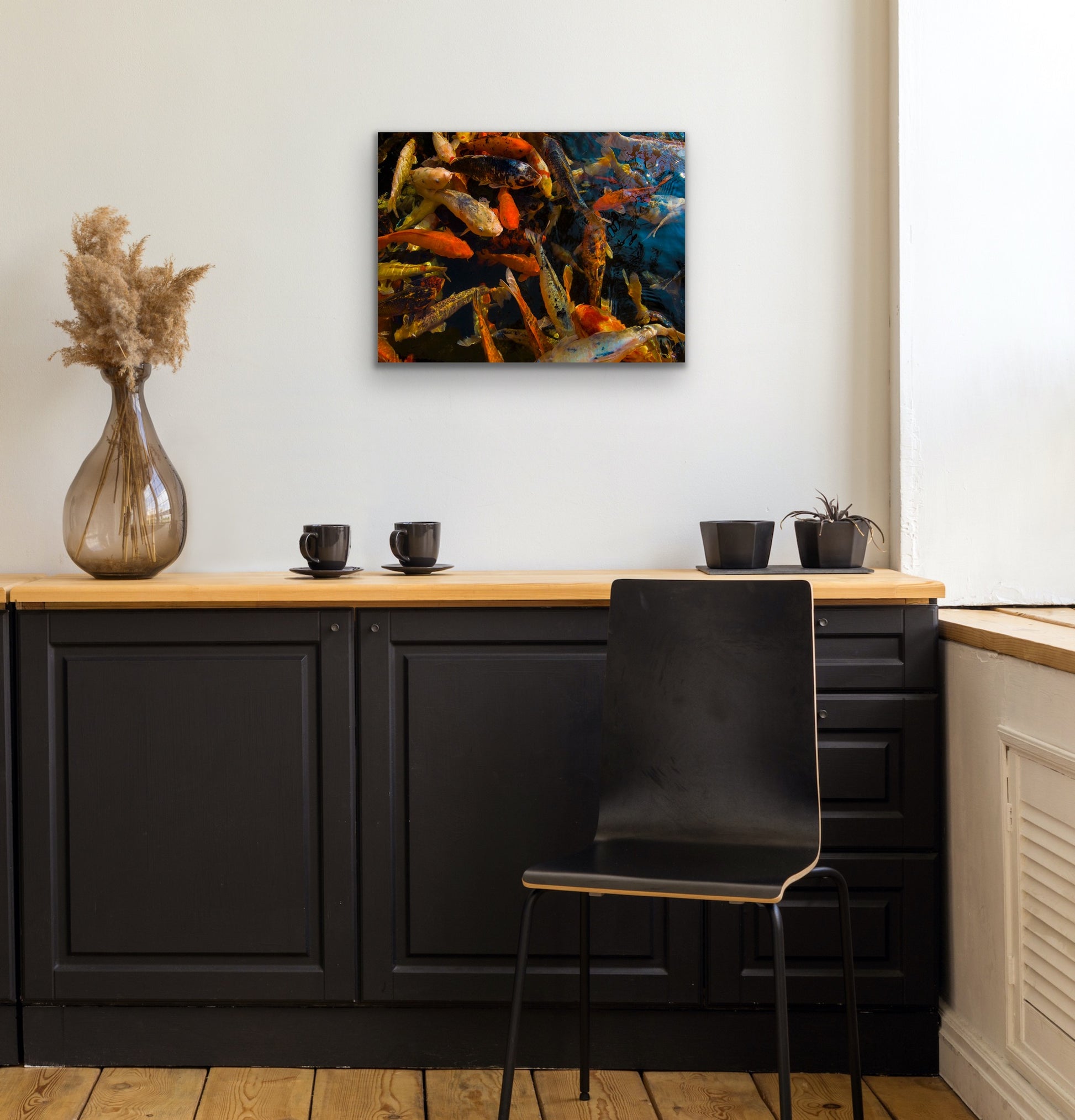 Wall demo of Koi Fish, a fine art nature photograph by Kauai’s Inspiring Images Hawaii.