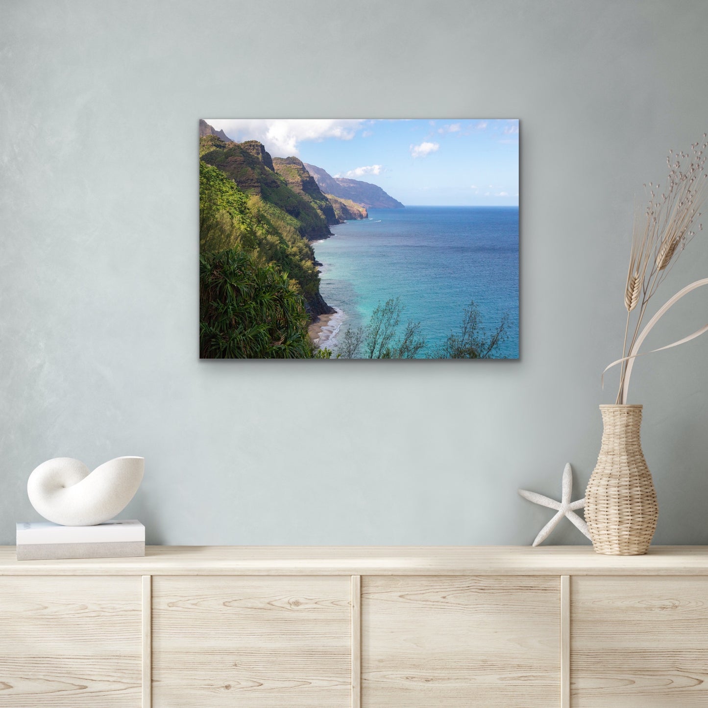 Wall demo of Hanakapi’ai View- a fine art photograph of the view of Kauai’s Napali Coast from the famed trail. Landscape photography by Inspiring Images Hawaii.
