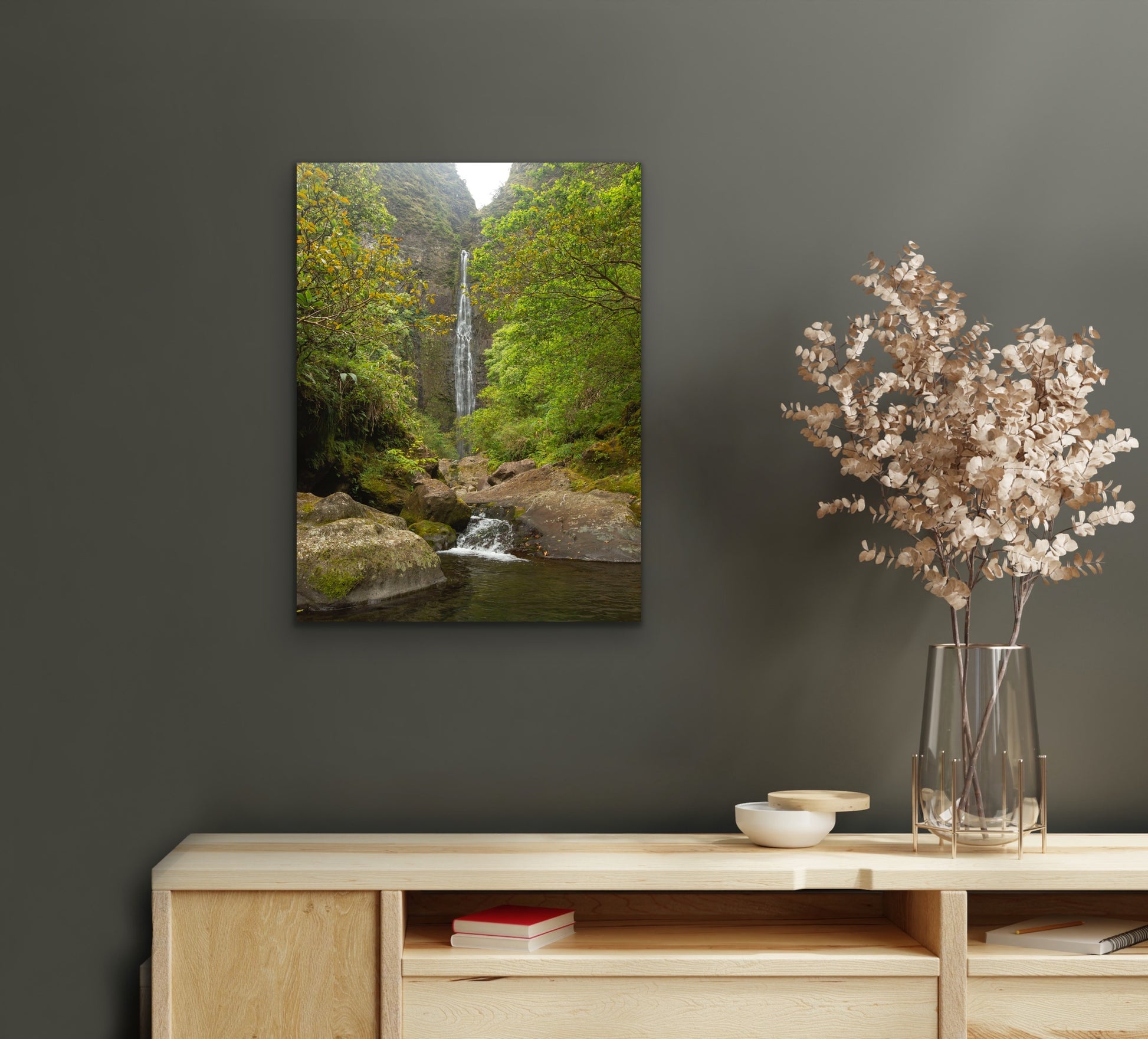 Wall demo of Hanakapi’ai Falls, a fine art landscape photograph by Inspiring Images Hawaii.