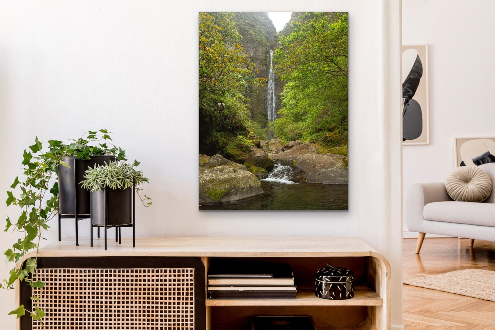 Wall demo of Hanakapi’ai Falls, a fine art photograph by Inspiring Images Hawaii on Kauai.
