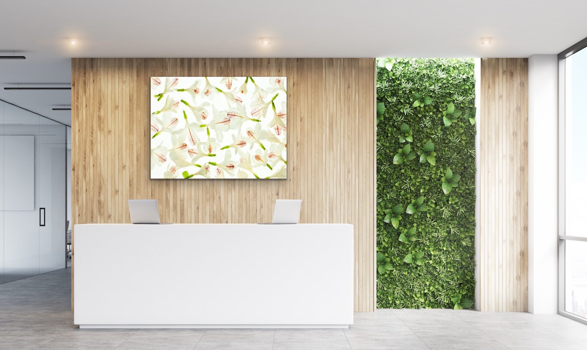 Wall demo of Hibiscus Happiness, a fine a art nature photograph by Inspiring Images Hawaii.