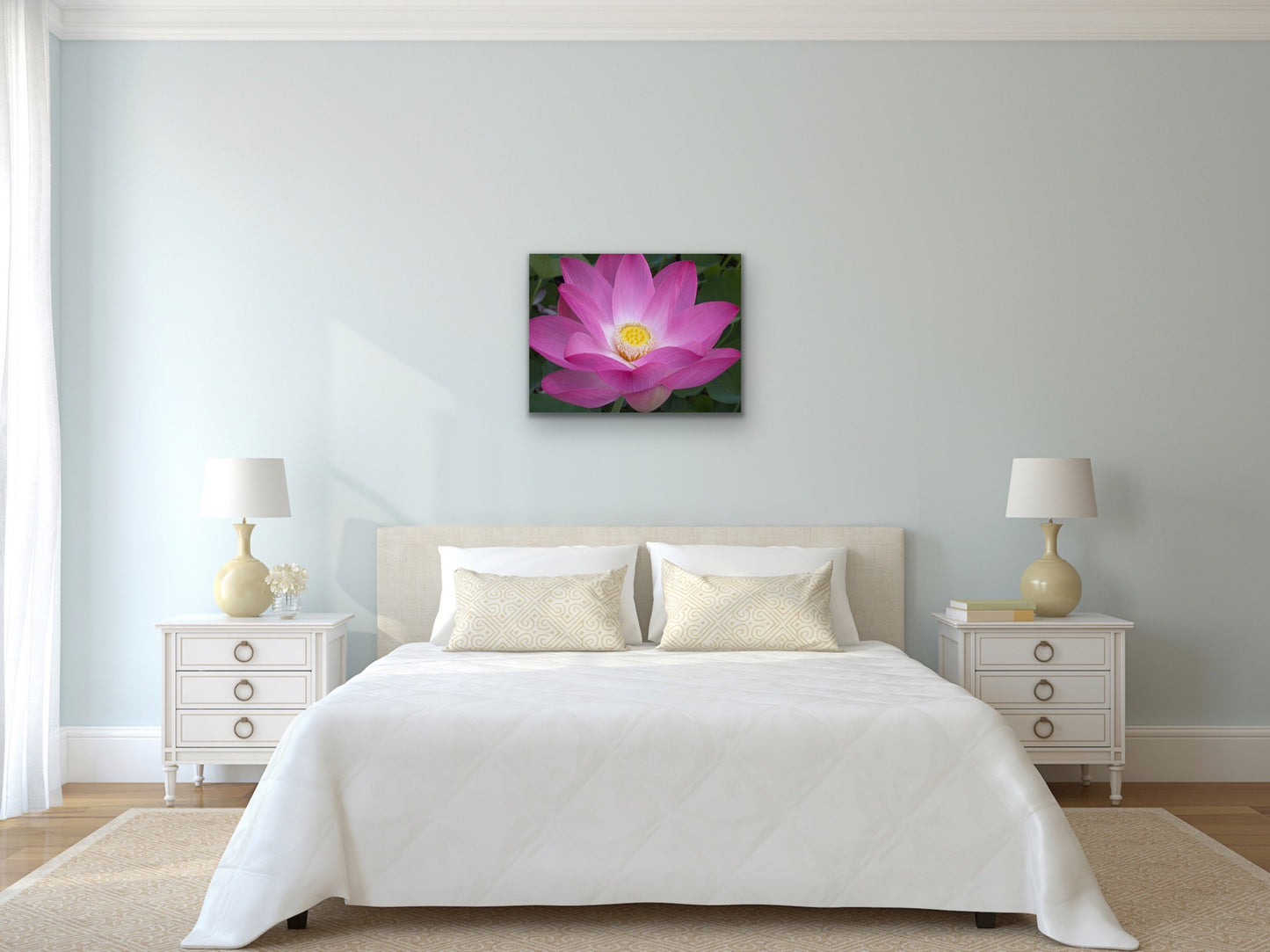 Wall demo of Inspiring Images Hawaii’s pink lotus flower fine art photograph. 