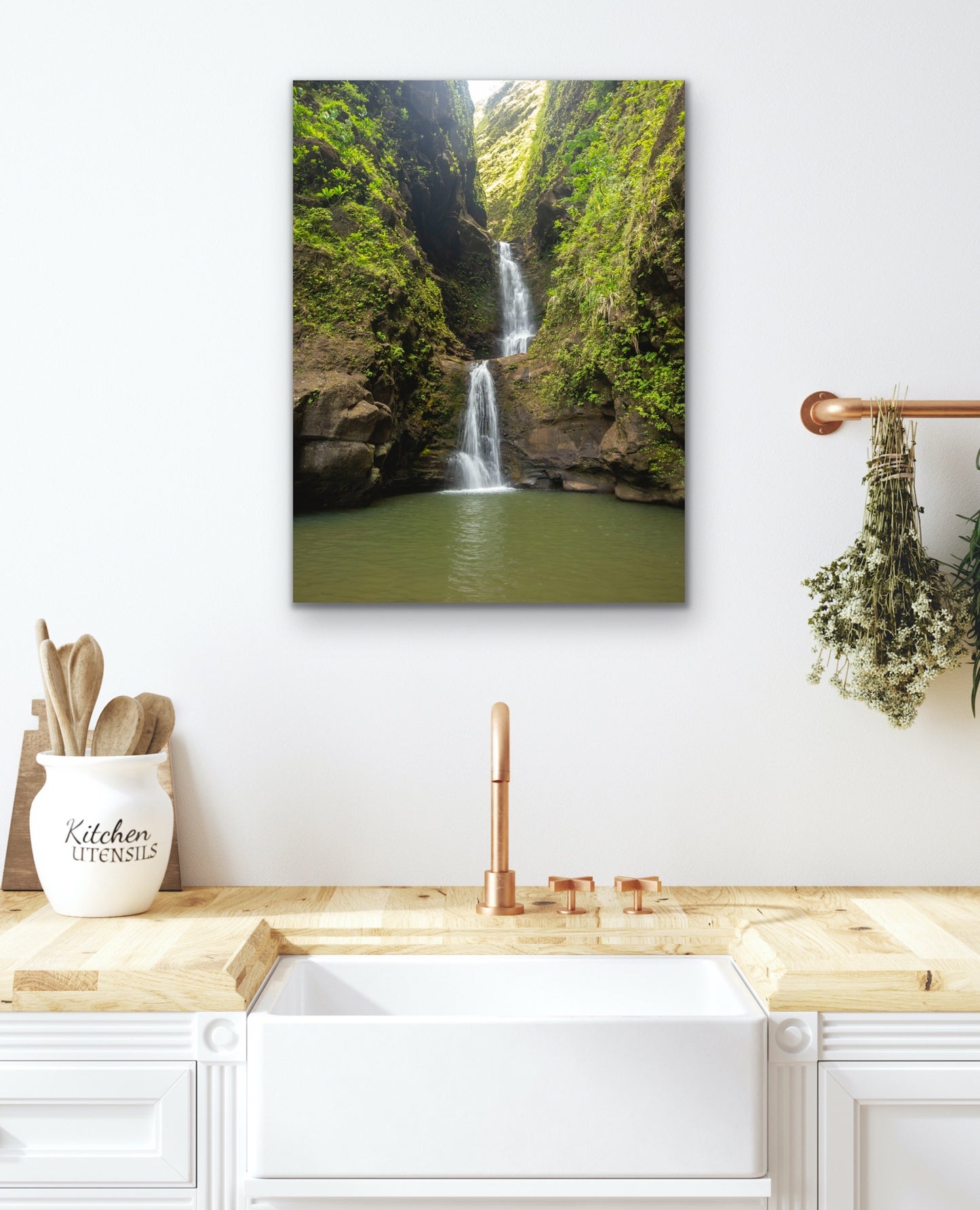 Wall demo of Waterfall Paradise, a fine art landscape photograph by Kauai outdoor and nature photographers Inspiring Images Hawaii.