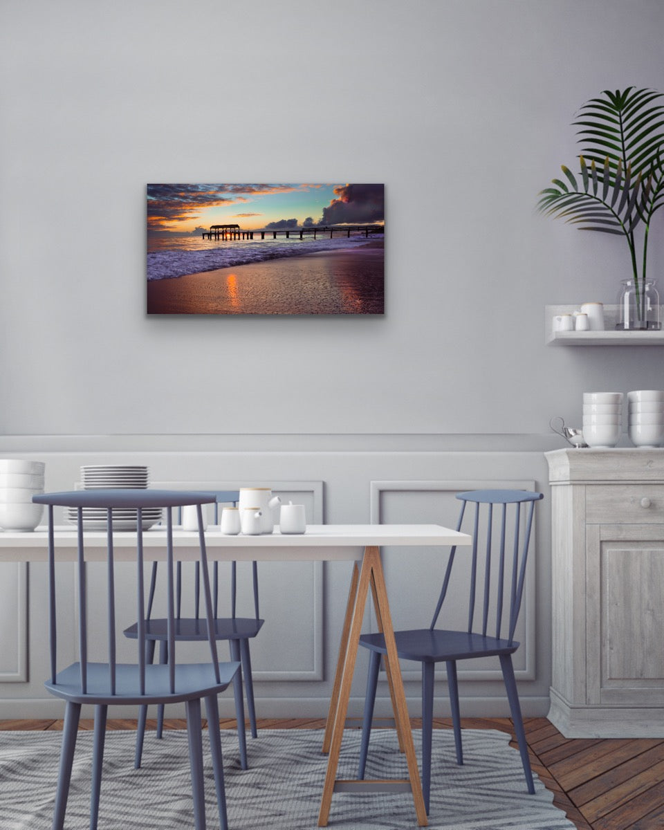 Wall demo of Waimea Pier Sunset, a fine art landscape photograph by Kauai outdoor and nature photographers Inspiring Images Hawaii.