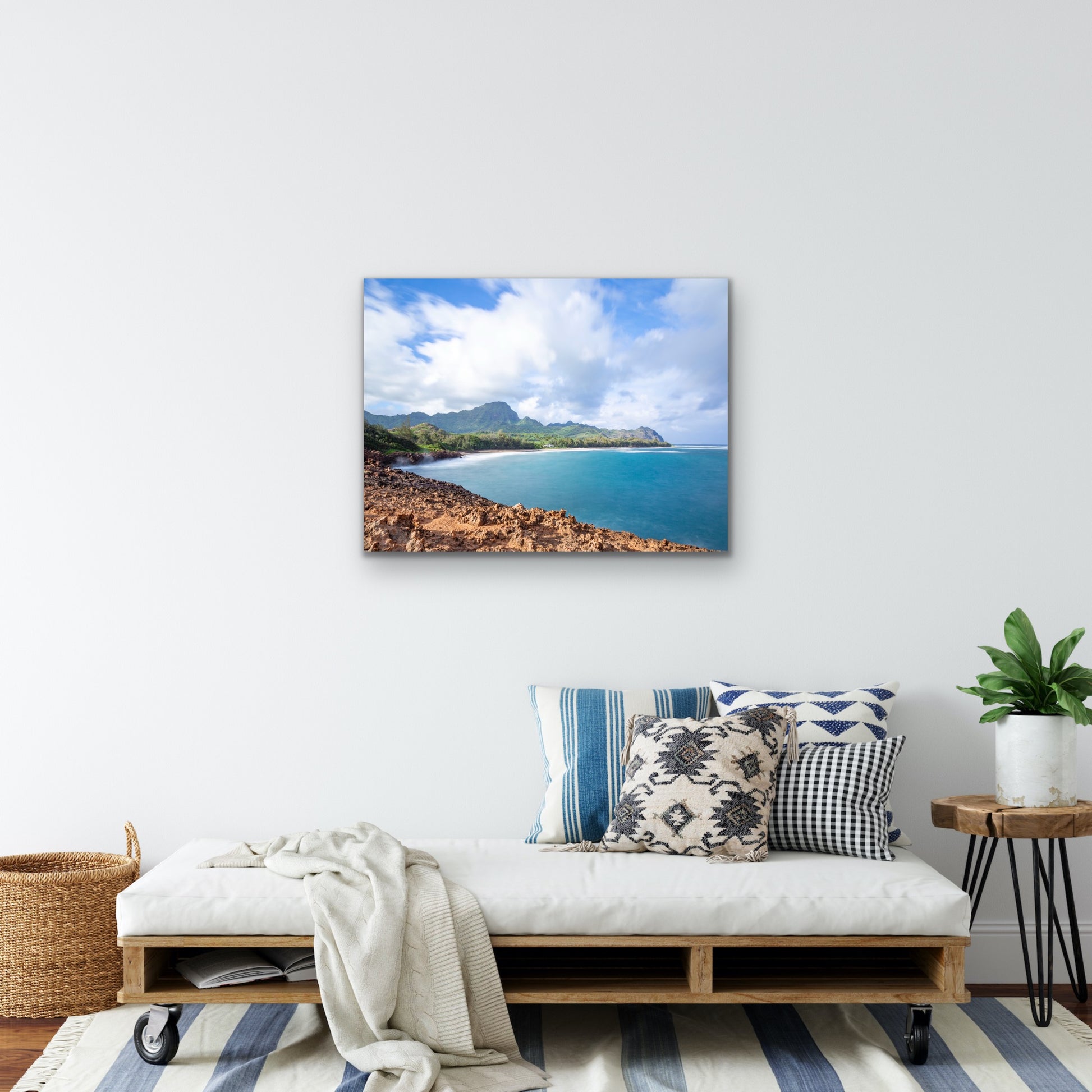 Wall demo of Mahaulepu Calm, a fine art landscape photograph by Inspiring Images Hawaii.