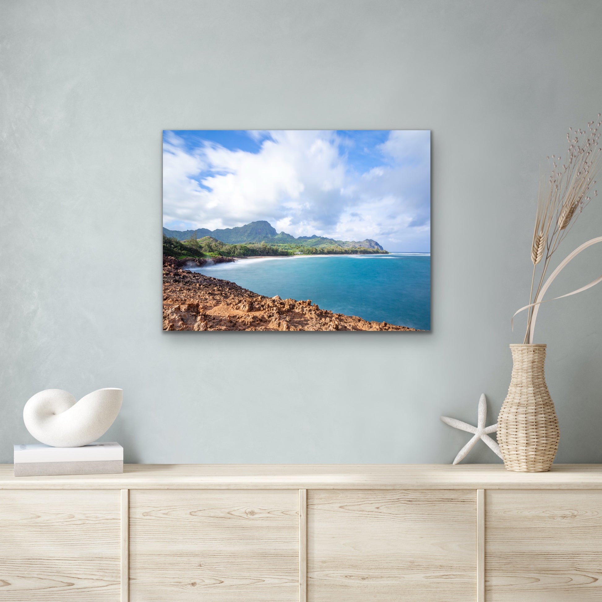 Wall demo of Mahaulepu Calm, a fine art landscape photograph by Inspiring Images Hawaii on Kauai.