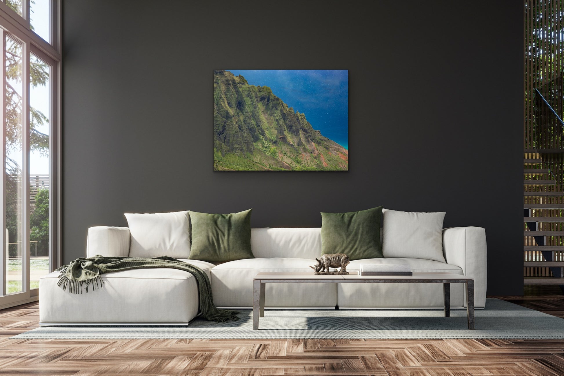 Wall demo of Cathedral Profile, a close up fine art photograph of Kauai’s Kalalau Valley cliffs by Inspiring Images Hawaii.