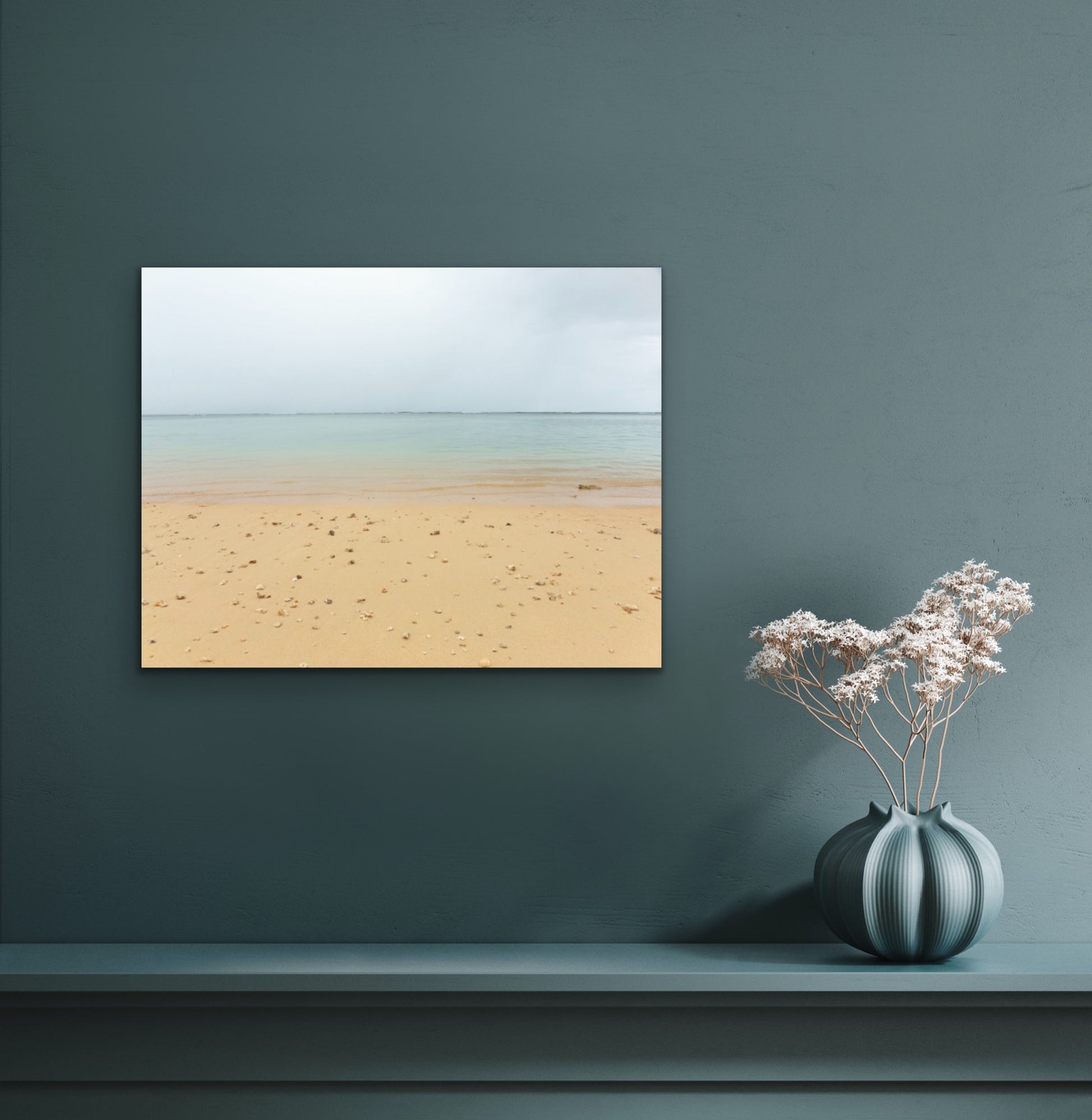 Wall demo of fine art photograph Anini Beach by Inspiring Images Hawaii.