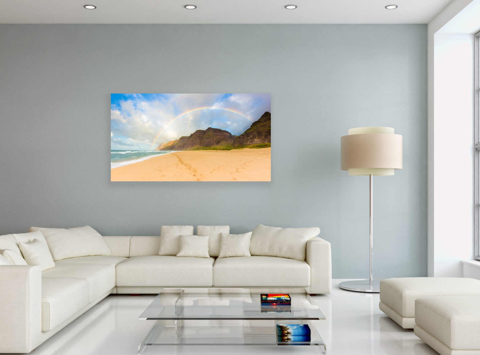 Wall demo of Napali Rainbow, a fine art photograph by landscape photographers Inspiring Images Hawaii.