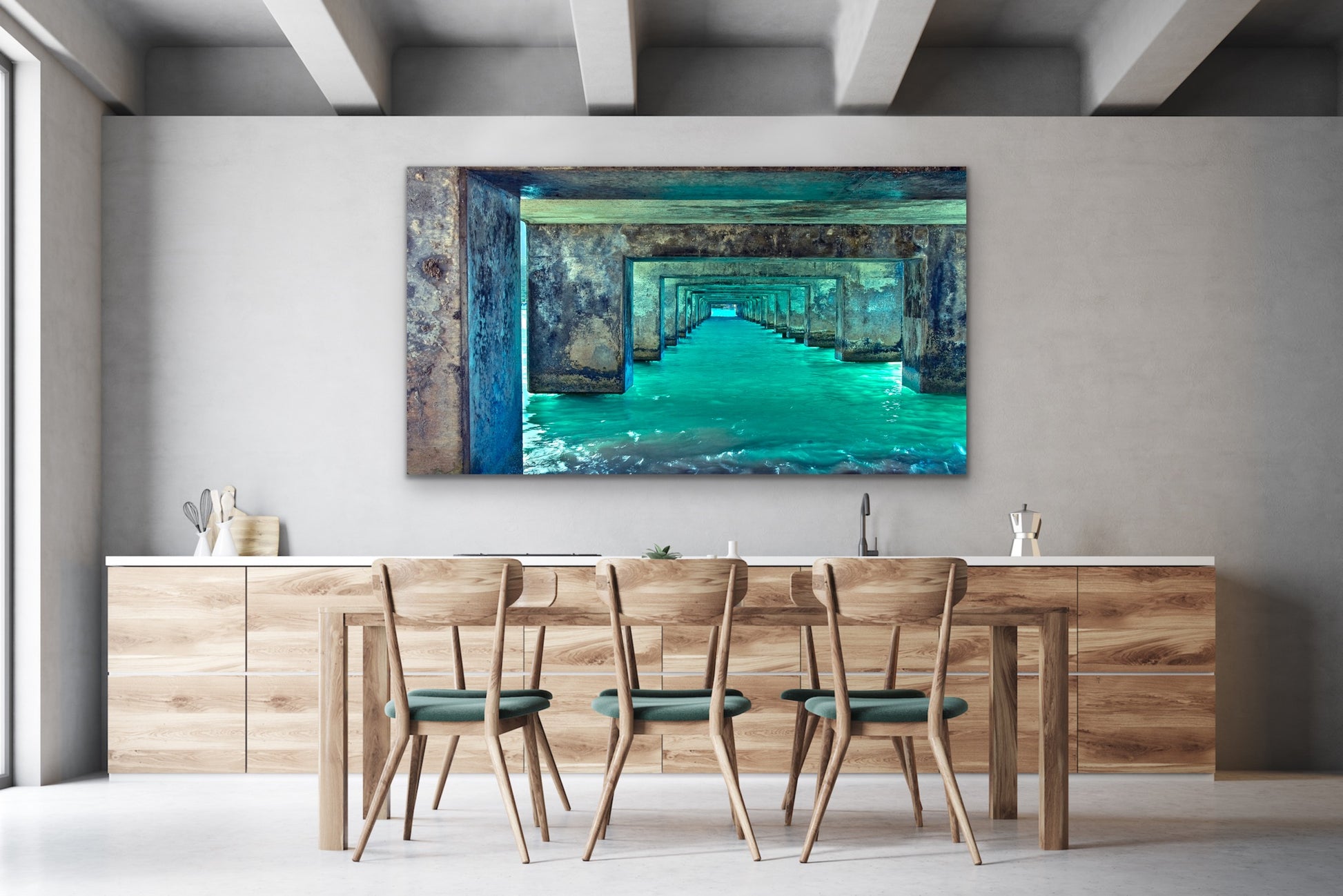 Wall demo of Beneath the Pier, a fine art photograph taken under the Hanalei Pier on Kauai. Scenic landscape photo by Inspiring Images Hawaii.