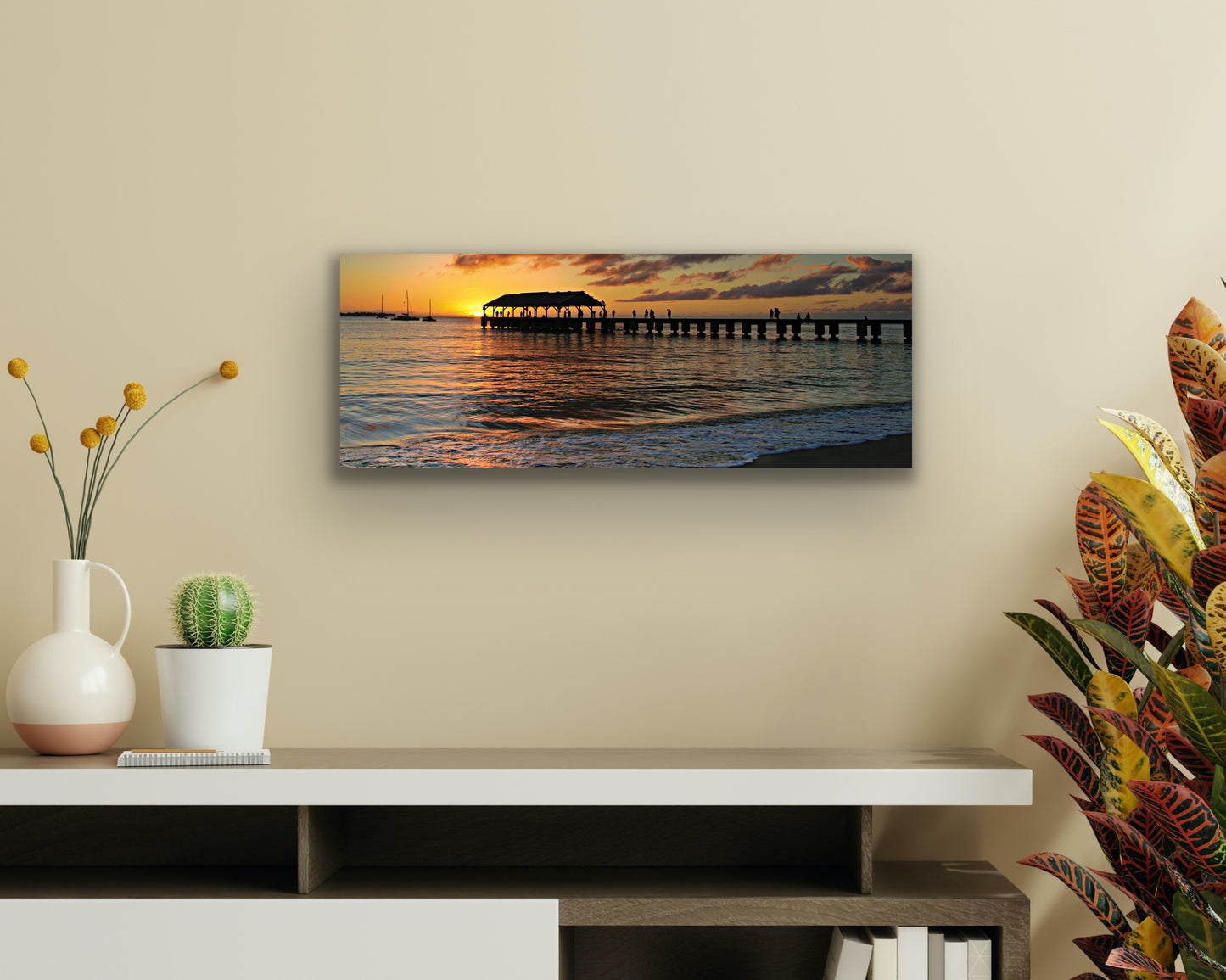 Wall demo of Hanalei Pier Sunset, a fine art landscape photograph by Inspiring Images Hawaii.