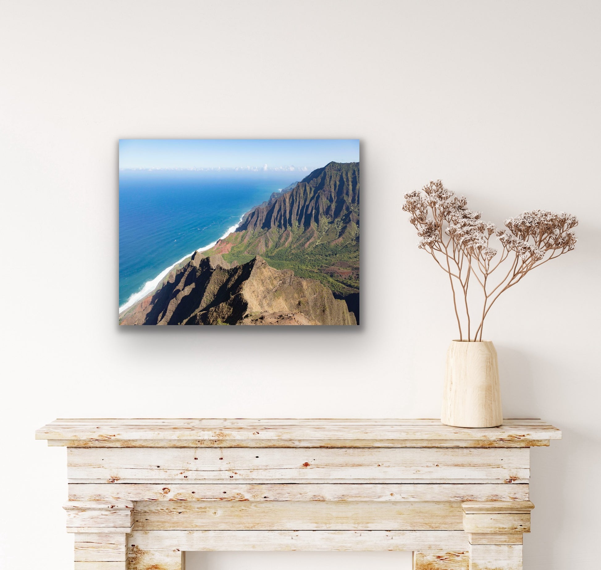 Wall demo of Kalalau Lookout, a fine art landscape photograph by Inspiring Images Hawaii. 