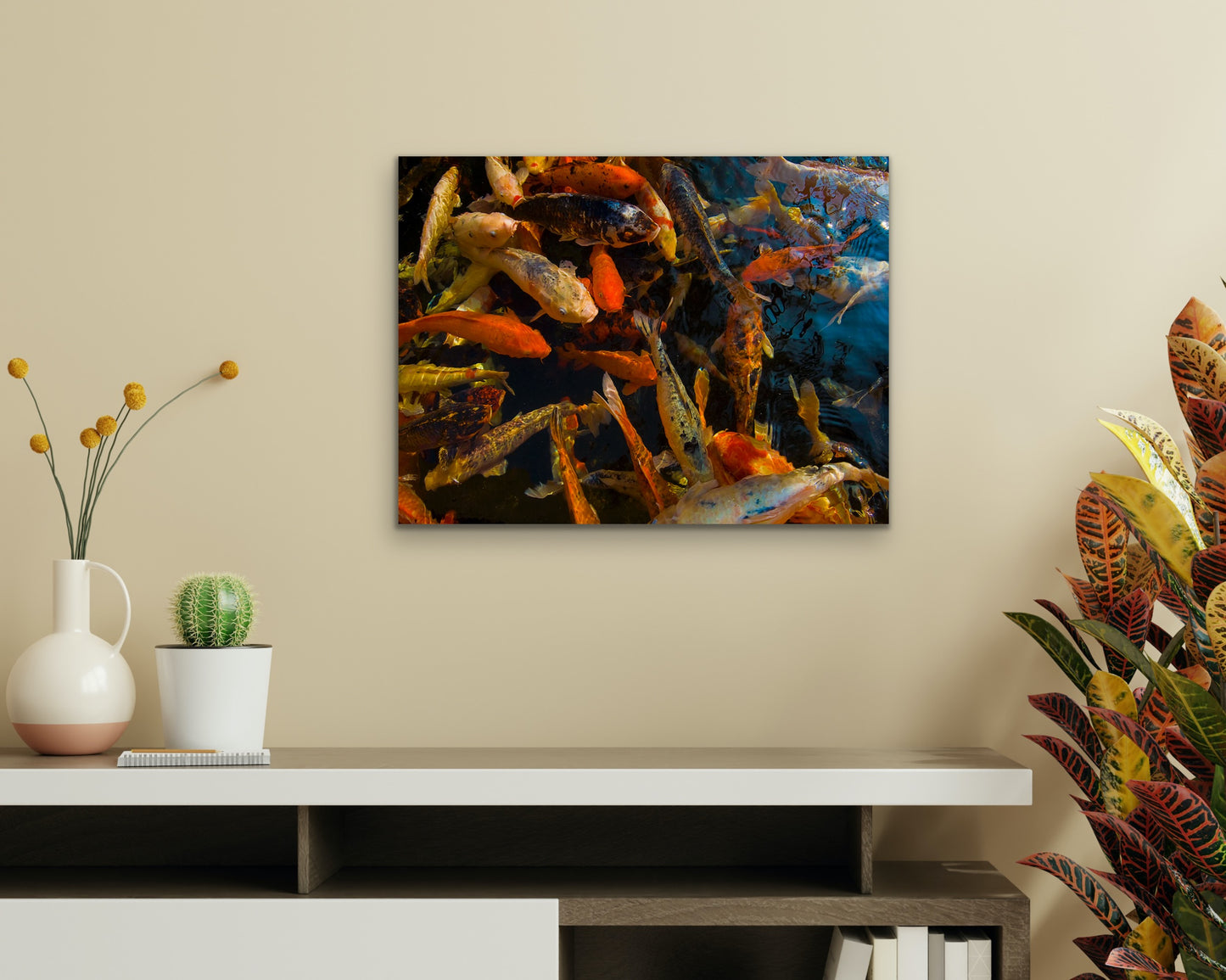 Wall demo of Koi Fish, a fine art photograph by Inspiring Images Hawaii.
