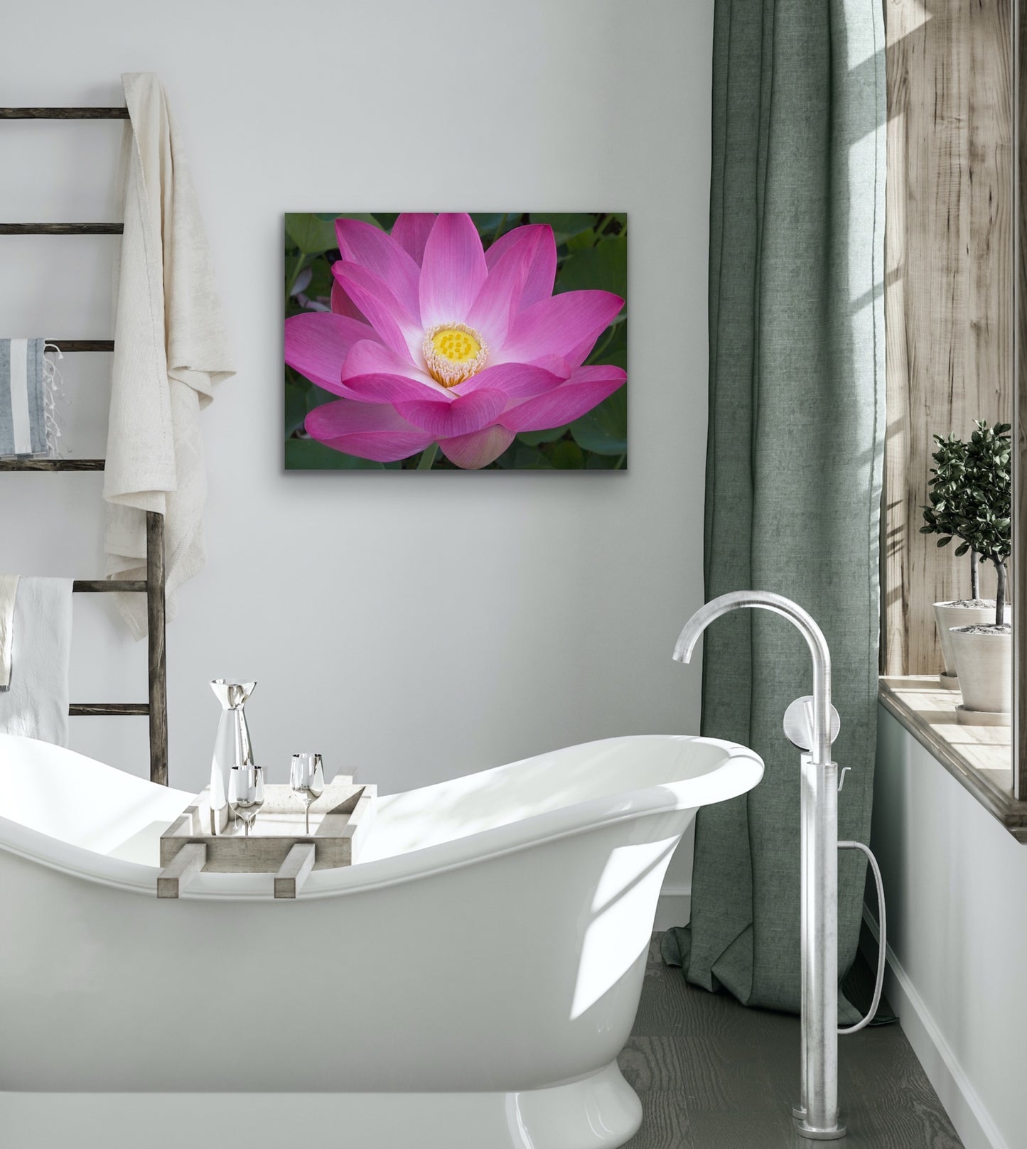 Wall demo of pink lotus flower fine art photograph by Inspiring Images Hawaii.