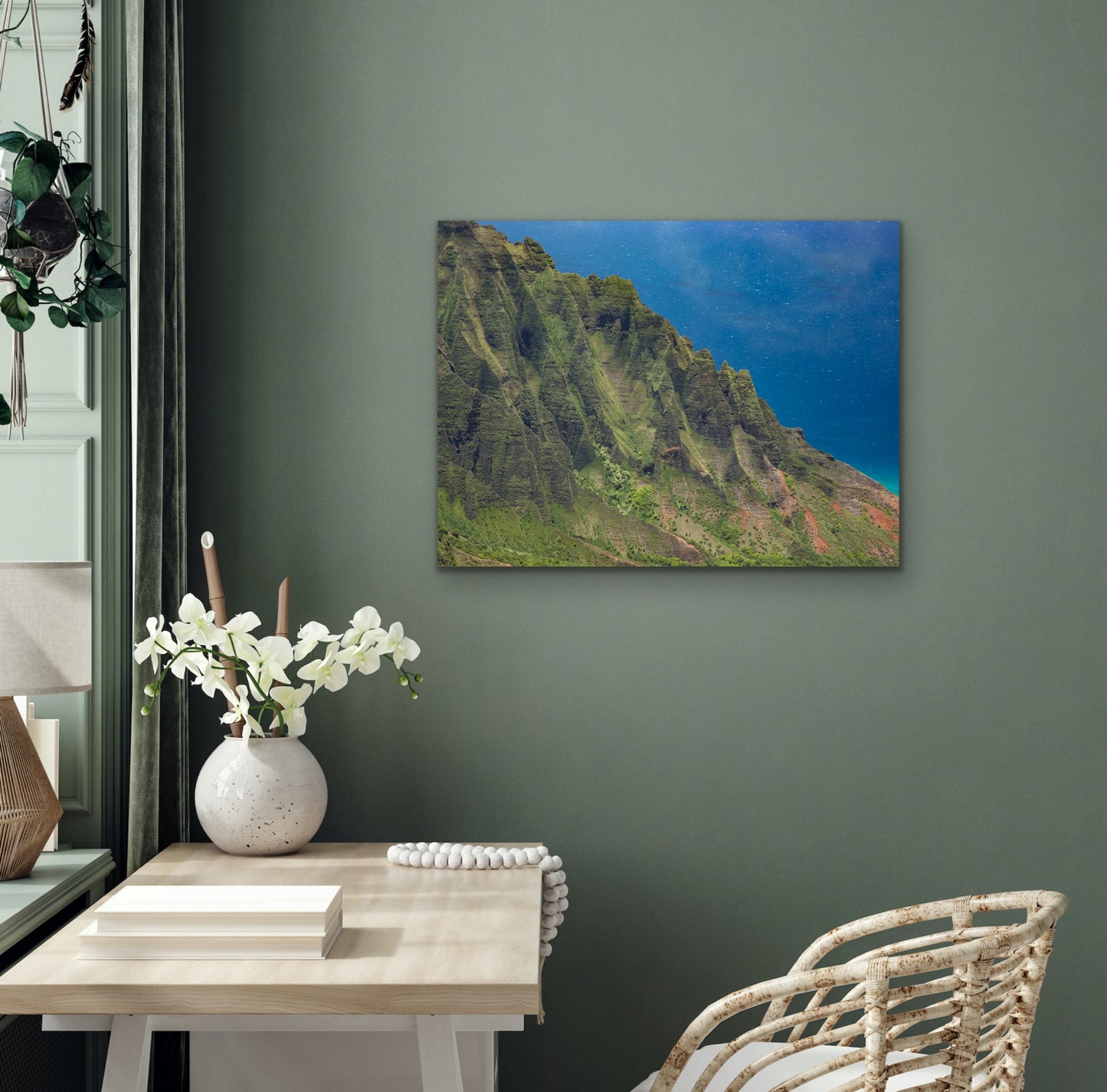 Wall demo of Cathedral Profile, a close up fine art photograph of the cliffs that frame Kauai’s Kalalau Valley. Landscape photograph by Inspiring Images Hawaii.